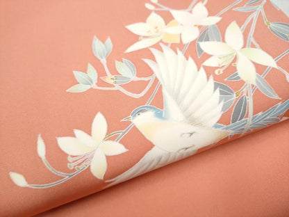 平和屋着物●塩瀬 九寸開き名古屋帯 友禅 作家物 花鳥文 正絹 逸品 未使用 CABD0417hy