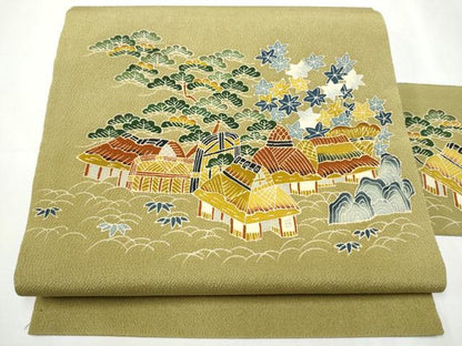 平和屋着物●九寸名古屋帯 友禅 風景枝花文 正絹 逸品 CABD0418hy