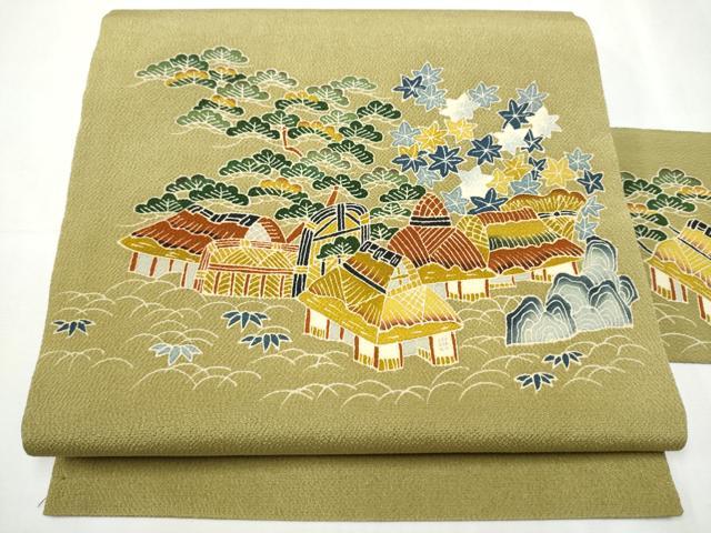 平和屋着物●九寸名古屋帯 友禅 風景枝花文 正絹 逸品 CABD0418hy
