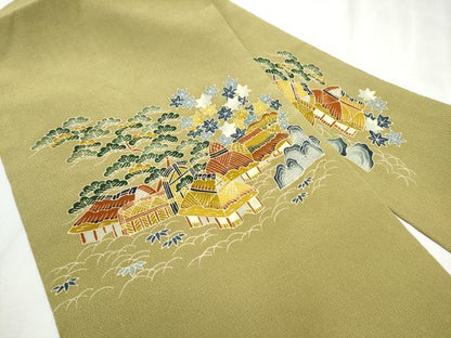 平和屋着物●九寸名古屋帯 友禅 風景枝花文 正絹 逸品 CABD0418hy