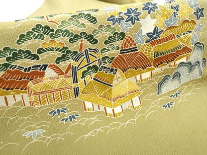 平和屋着物●九寸名古屋帯 友禅 風景枝花文 正絹 逸品 CABD0418hy