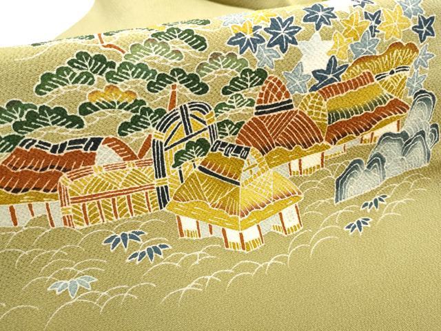平和屋着物●九寸名古屋帯 友禅 風景枝花文 正絹 逸品 CABD0418hy