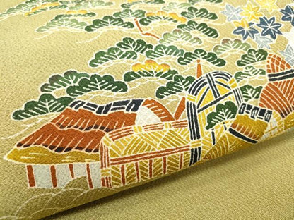 平和屋着物●九寸名古屋帯 友禅 風景枝花文 正絹 逸品 CABD0418hy