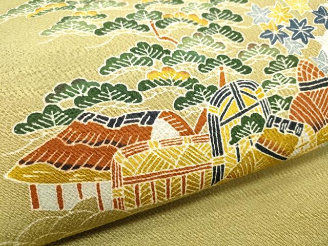 平和屋着物●九寸名古屋帯 友禅 風景枝花文 正絹 逸品 CABD0418hy