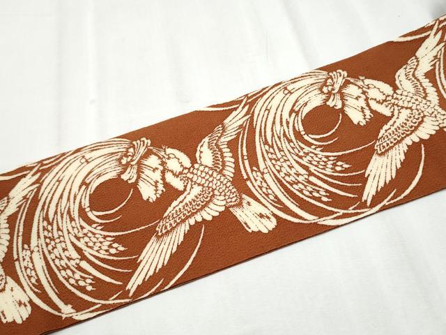 平和屋着物●九寸名古屋帯 型染め 稲 飛鳥文 鬼しぼ縮緬 正絹 逸品 CABD0419hy