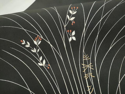 平和屋着物●塩瀬 九寸名古屋帯 草花文 黒地 金糸 正絹 逸品 CABD0421hy