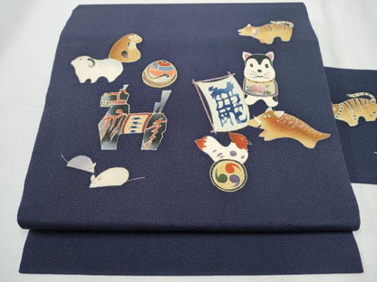 平和屋着物●九寸名古屋帯 十二支 金彩 鬼しぼ縮緬 正絹 逸品 CABD0423hy