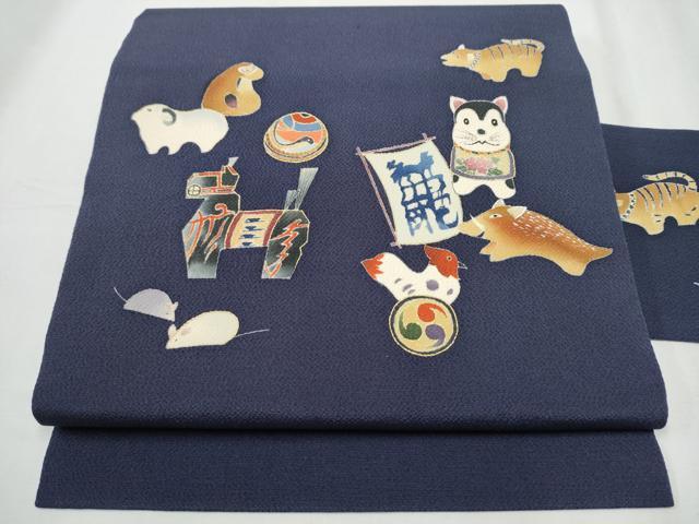 平和屋着物●九寸名古屋帯 十二支 金彩 鬼しぼ縮緬 正絹 逸品 CABD0423hy