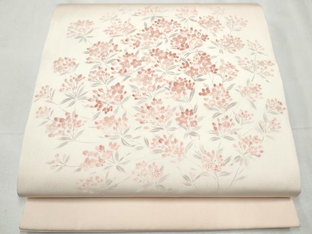 平和屋着物●塩瀬 九寸開き名古屋帯 手描き 枝花文 正絹 逸品 CABD0425hy