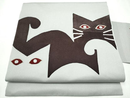 平和屋着物●九寸名古屋帯 刺繍 猫 正絹 逸品 CABD0433hy