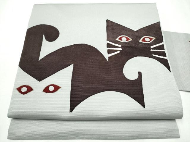 平和屋着物●九寸名古屋帯 刺繍 猫 正絹 逸品 CABD0433hy