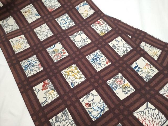 平和屋着物●全通柄 九寸名古屋帯 紅型染 格子花文 反端付き 正絹 逸品 CABD0436hy