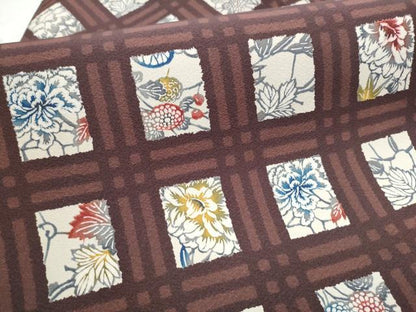 平和屋着物●全通柄 九寸名古屋帯 紅型染 格子花文 反端付き 正絹 逸品 CABD0436hy