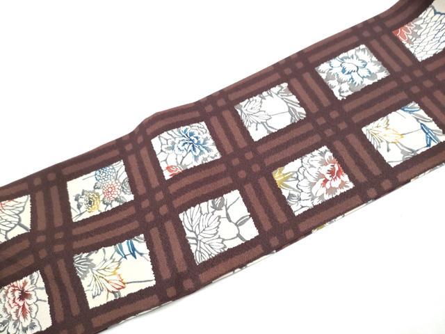 平和屋着物●全通柄 九寸名古屋帯 紅型染 格子花文 反端付き 正絹 逸品 CABD0436hy