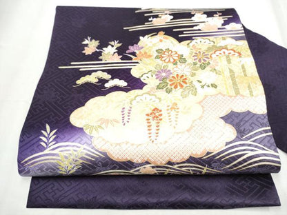 平和屋着物●九寸名古屋帯 駒刺繍 雲重ね松竹梅花文 金彩 正絹 逸品 CABD0441hy