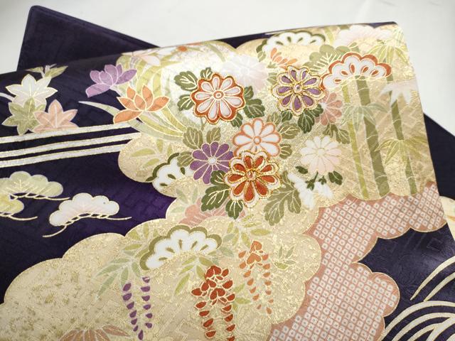 平和屋着物●九寸名古屋帯 駒刺繍 雲重ね松竹梅花文 金彩 正絹 逸品 CABD0441hy