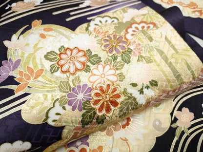 平和屋着物●九寸名古屋帯 駒刺繍 雲重ね松竹梅花文 金彩 正絹 逸品 CABD0441hy