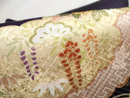 平和屋着物●九寸名古屋帯 駒刺繍 雲重ね松竹梅花文 金彩 正絹 逸品 CABD0441hy
