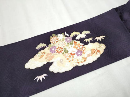 平和屋着物●九寸名古屋帯 駒刺繍 雲重ね松竹梅花文 金彩 正絹 逸品 CABD0441hy