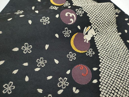 平和屋着物●九寸名古屋帯 跳兎 舞桜丸文 黒地 正絹 逸品 CABD0446hy