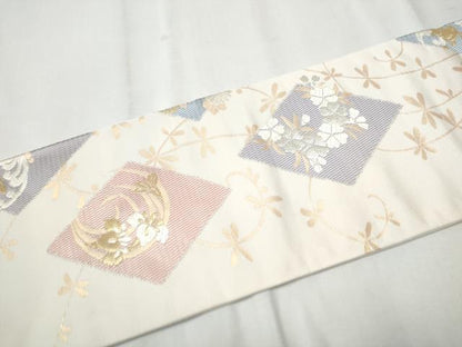 平和屋着物●九寸名古屋帯 唐織 立涌花文 菱花兎唐草文 金糸 正絹 逸品 CABD0448hy