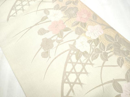 平和屋着物●九寸開き名古屋帯 籬草花文 正絹 逸品 CABD0451hy