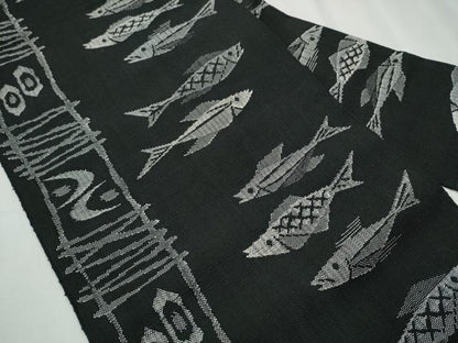 平和屋着物●八寸名古屋帯 魚 黒地 正絹 逸品 CABD0453hy