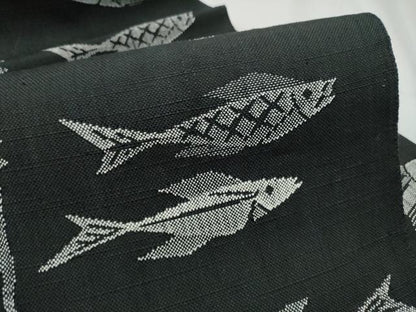 平和屋着物●八寸名古屋帯 魚 黒地 正絹 逸品 CABD0453hy