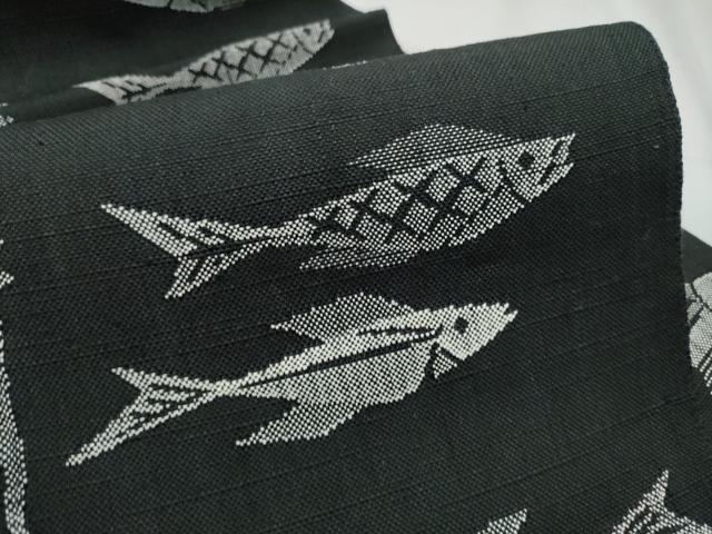平和屋着物●八寸名古屋帯 魚 黒地 正絹 逸品 CABD0453hy