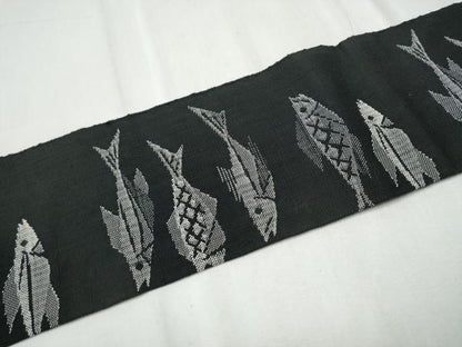 平和屋着物●八寸名古屋帯 魚 黒地 正絹 逸品 CABD0453hy