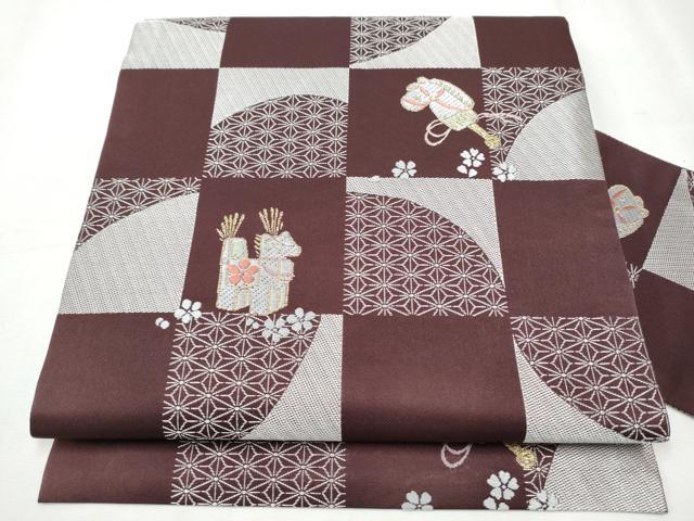 平和屋着物●九寸名古屋帯 市松玩具文 金彩 正絹 逸品 CABD0456hy