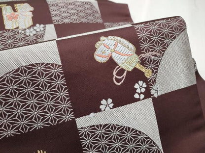平和屋着物●九寸名古屋帯 市松玩具文 金彩 正絹 逸品 CABD0456hy