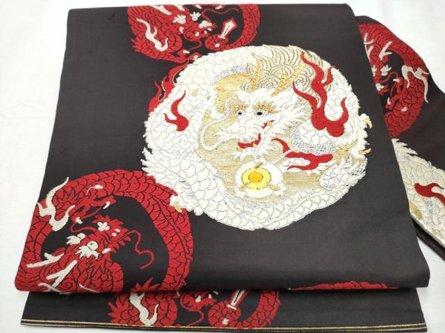 平和屋着物●アンティーク 大正ロマン 九寸名古屋帯 龍 金銀糸 正絹 逸品 CABD0459hy