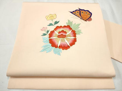 平和屋着物●塩瀬 九寸名古屋帯 駒刺繍 総刺繍 花蝶文 金糸 正絹 逸品 CABD0467hy