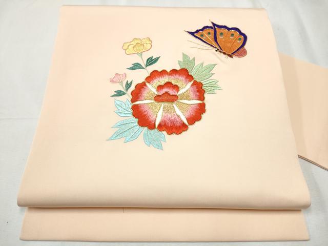 平和屋着物●塩瀬 九寸名古屋帯 駒刺繍 総刺繍 花蝶文 金糸 正絹 逸品 CABD0467hy