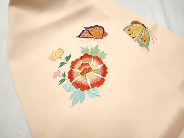 平和屋着物●塩瀬 九寸名古屋帯 駒刺繍 総刺繍 花蝶文 金糸 正絹 逸品 CABD0467hy