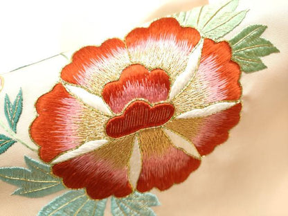 平和屋着物●塩瀬 九寸名古屋帯 駒刺繍 総刺繍 花蝶文 金糸 正絹 逸品 CABD0467hy