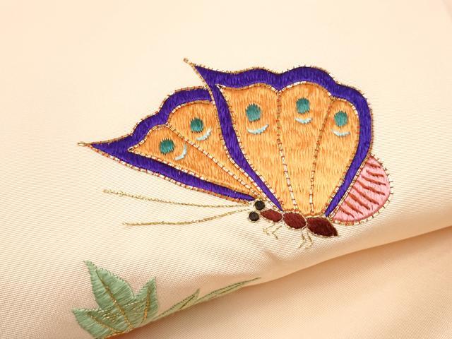 平和屋着物●塩瀬 九寸名古屋帯 駒刺繍 総刺繍 花蝶文 金糸 正絹 逸品 CABD0467hy