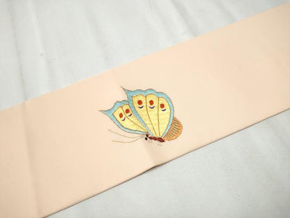 平和屋着物●塩瀬 九寸名古屋帯 駒刺繍 総刺繍 花蝶文 金糸 正絹 逸品 CABD0467hy