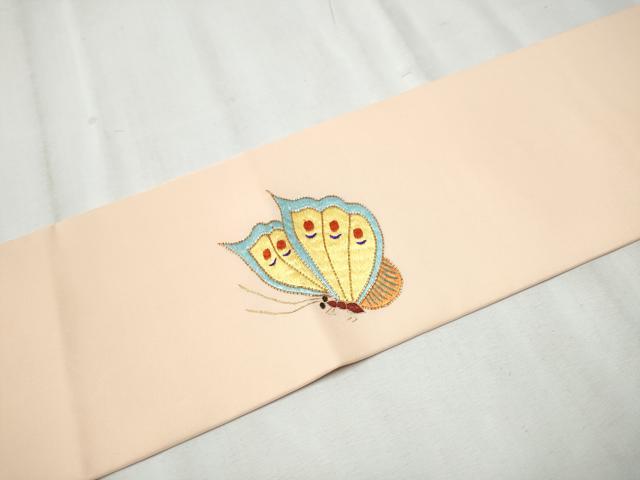 平和屋着物●塩瀬 九寸名古屋帯 駒刺繍 総刺繍 花蝶文 金糸 正絹 逸品 CABD0467hy