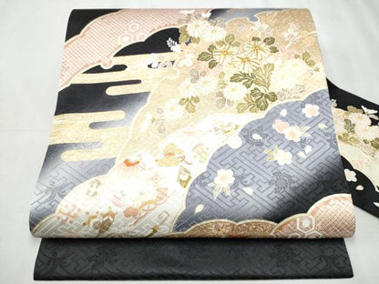 平和屋着物●九寸名古屋帯 駒刺繍 雪輪宝尽くし草花文 黒地 金彩 正絹 逸品 CABD0468hy