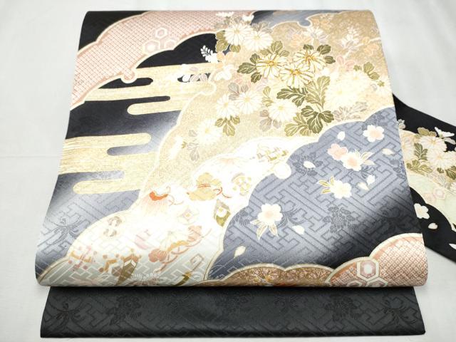 平和屋着物●九寸名古屋帯 駒刺繍 雪輪宝尽くし草花文 黒地 金彩 正絹 逸品 CABD0468hy