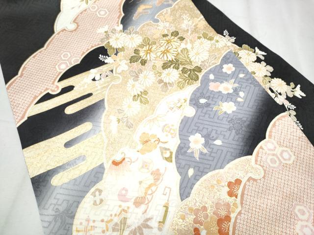平和屋着物●九寸名古屋帯 駒刺繍 雪輪宝尽くし草花文 黒地 金彩 正絹 逸品 CABD0468hy