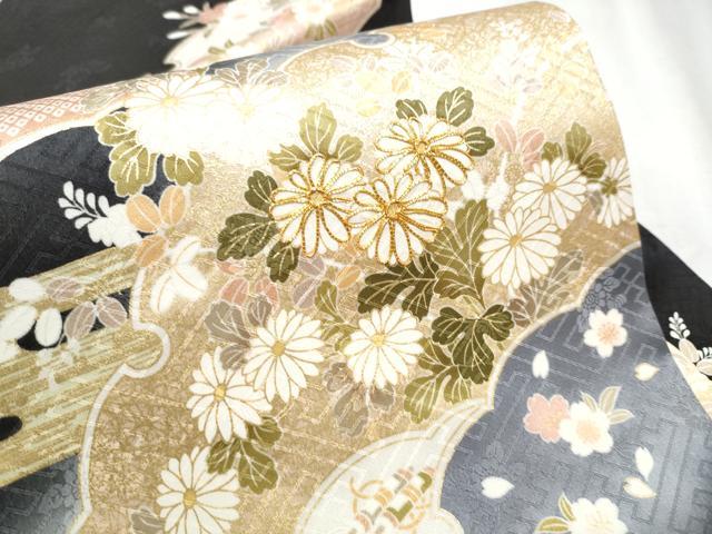 平和屋着物●九寸名古屋帯 駒刺繍 雪輪宝尽くし草花文 黒地 金彩 正絹 逸品 CABD0468hy