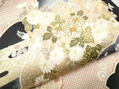 平和屋着物●九寸名古屋帯 駒刺繍 雪輪宝尽くし草花文 黒地 金彩 正絹 逸品 CABD0468hy