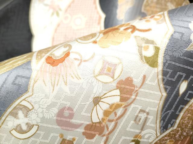 平和屋着物●九寸名古屋帯 駒刺繍 雪輪宝尽くし草花文 黒地 金彩 正絹 逸品 CABD0468hy