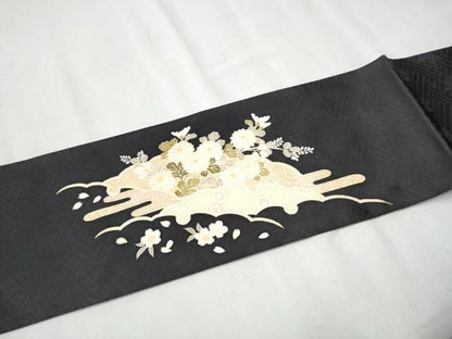平和屋着物●九寸名古屋帯 駒刺繍 雪輪宝尽くし草花文 黒地 金彩 正絹 逸品 CABD0468hy