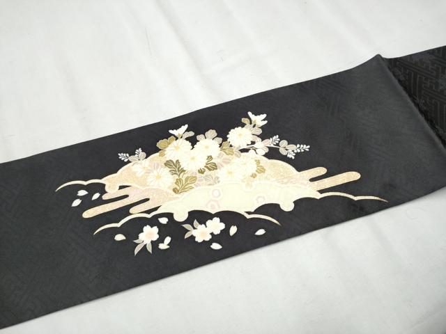 平和屋着物●九寸名古屋帯 駒刺繍 雪輪宝尽くし草花文 黒地 金彩 正絹 逸品 CABD0468hy
