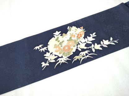 平和屋着物●九寸名古屋帯 駒刺繍 雪輪草花文 金彩 正絹 逸品 CABD0469hy