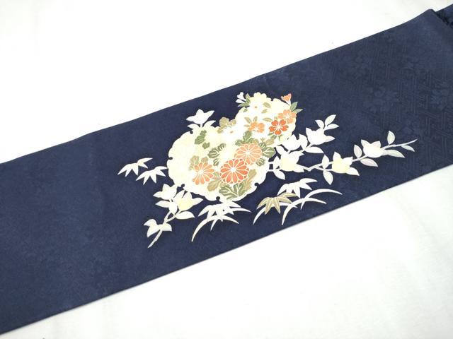 平和屋着物●九寸名古屋帯 駒刺繍 雪輪草花文 金彩 正絹 逸品 CABD0469hy